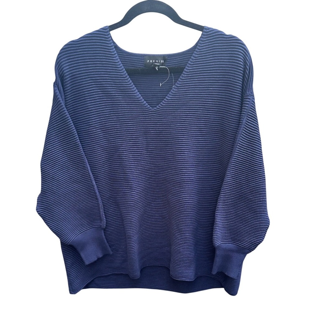 Premise Woman Navy Blue Ribbed V-Neck Sweater Plus Size 1X Pullover Knit